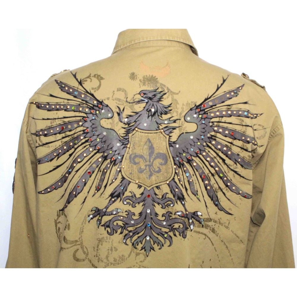 Hama Denim Y2K Military Embellished Button‎ Up Long Sleeve Shirt Mens Size XL - Picture 6 of 11